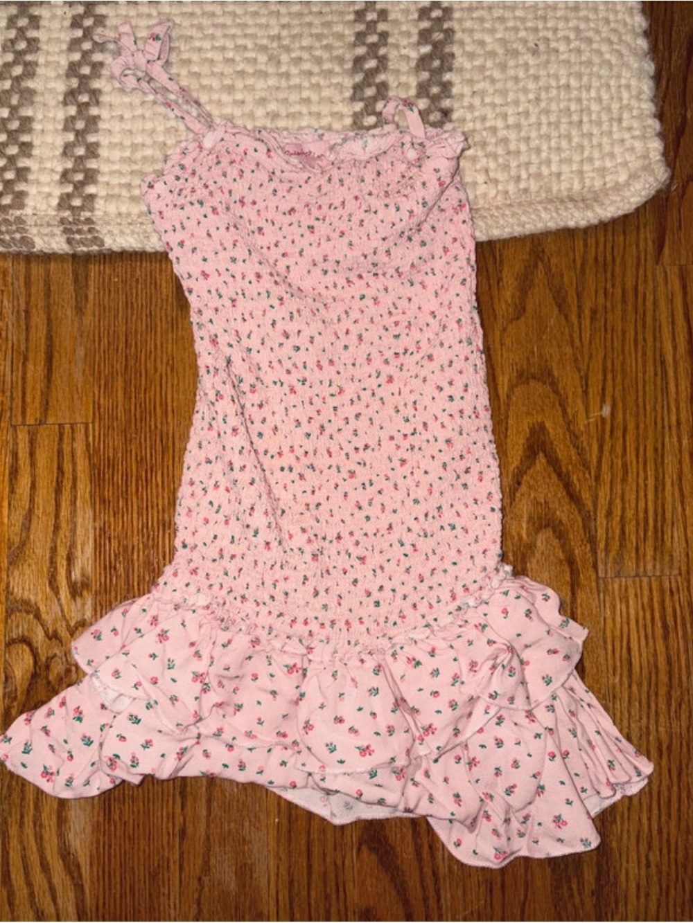 Girls Pink Floral Smocked Ruffle Dress